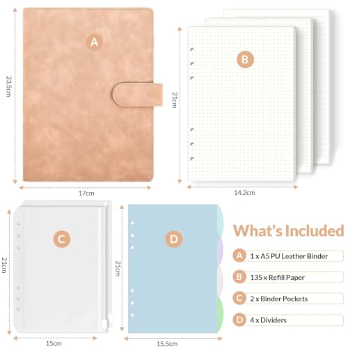 SKYDYE A5 ring binder, refillable A5 ring binder, 135 sheets of A5 refill paper, A5 notebook with binder pockets, A5 binder for school notes and travel diaries (pink)