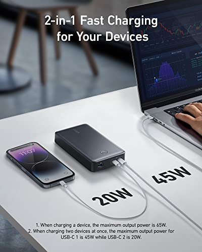 ANKER 537 Powerbank (PowerCore 24K for Laptop), 24,000mAh 65W, portable charger for MacBook Pro, Dell XPS, Microsoft Surface, iPad Pro, iPhone 16/15/14/13 Pro, iWatch Series 5, and more (Black)