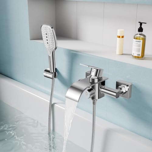 KULACO bathtub faucet waterfall with handheld shower, brass single-handle bathtub mixer tap, bath shower faucet with pressure switch, chrome tub faucet for bathroom.