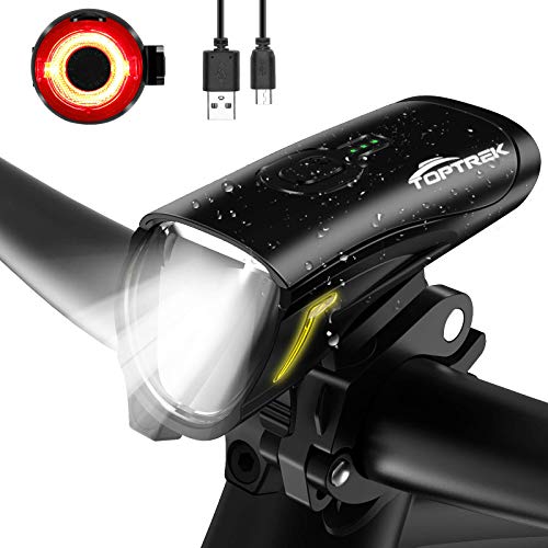 Toptrek bike light set 70/30Lux light modes LED bike light IPX5 waterproof bike lamp USB rechargeable bike light includes front light and rear light.