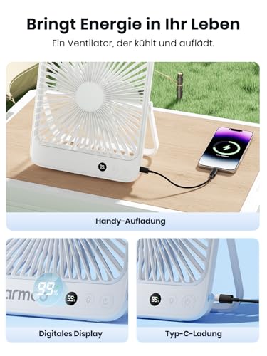 Warmco 20000mAh Portable Camping Fan 27cm with LED light, Ultra-Quiet, Thin, Digital Display, Up to 48H Runtime for Outdoor, Travel, Office, Bedroom