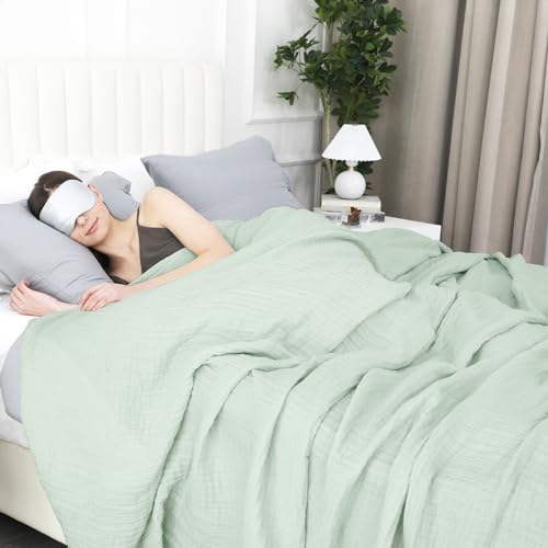 100% cotton muslin blanket 130x150cm, 4-layer soft skin-friendly & breathable bedspread, year-round comfort sage green sofa throw couch cover for bed sofa, Matcha green