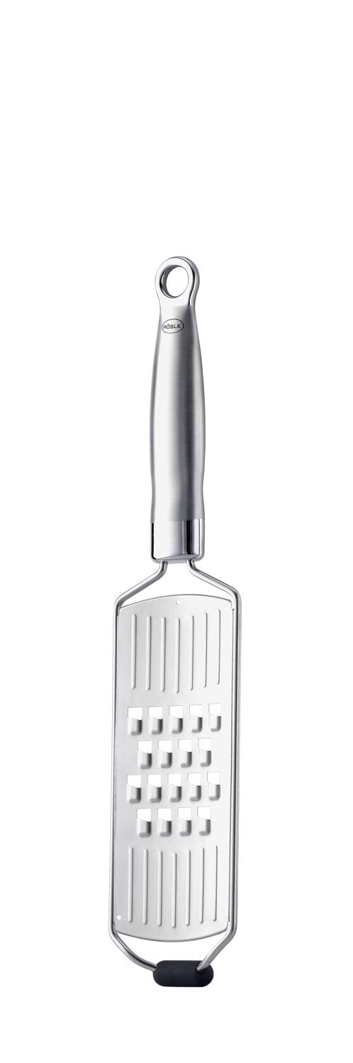 RÖSLE coarse grater, high-quality grater for raw vegetables, potatoes, vegetables or cheese, with silicone base, stainless steel 18/10, including protective cover, 36 x 7.7 x 2 cm, silver-colored