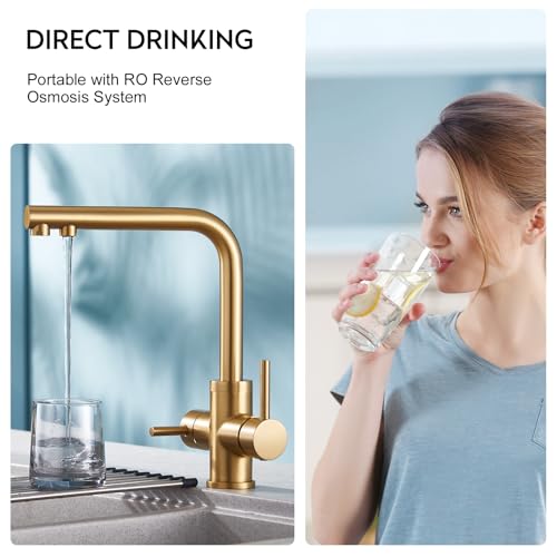 CREA 3-way kitchen faucet, 360° swivel kitchen mixer tap, Three-way tap, 3-in-1 kitchen tap with 2 levers, Gold drinking water tap.
