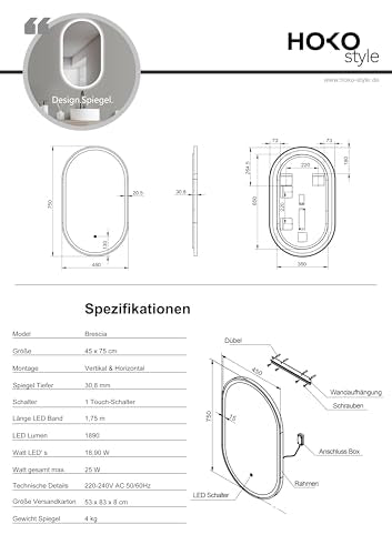 HOKO LED Design Bathroom Mirror oval 45x75 cm / 75x45 cm Brescia+ Black Metal Frame. VERTICAL+HORIZONTAL Installation. Lighted mirror, also Vanity Mirror+Touch Switch+Light Change-Warm White-Cool White-Neutral