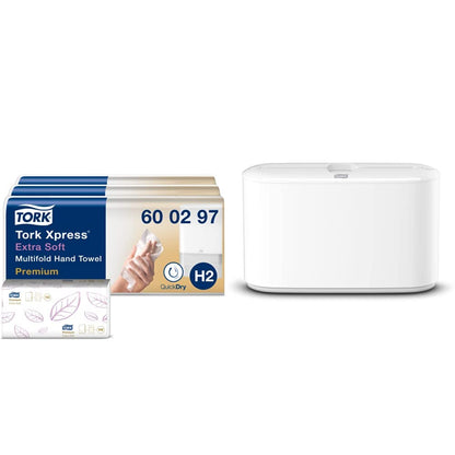 Tork Xpress extra soft Multifold Paper Towels 600297 white, 21 x 100 sheets & Xpress Tabletop Dispenser for Multifold Paper Towels 552200, Elevation Design - white