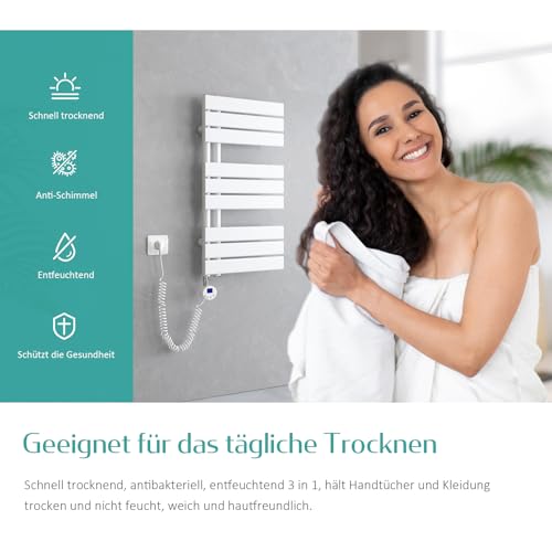 EMKE electric towel radiator with thermostat, white, 1320x500mm. 800W electric towel warmer and dryer.