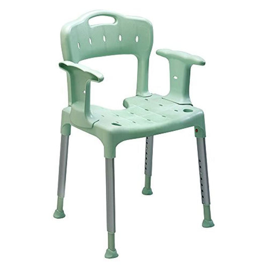ETAC Swift Shower Stool/Chair with armrest and backrest in green. Designed for users who have difficulty standing for long periods in the shower, particularly elderly, handicapped, and disabled individuals.