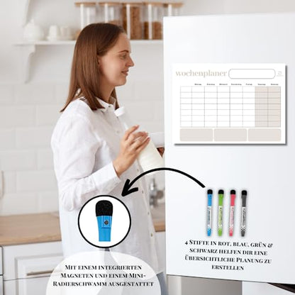 Organizely Magnetic Weekly Planner | Whiteboard for Fridge | Erasable Board for Organization | Includes 4 Markers & 10 Magnetic Wood Icons (Beech)