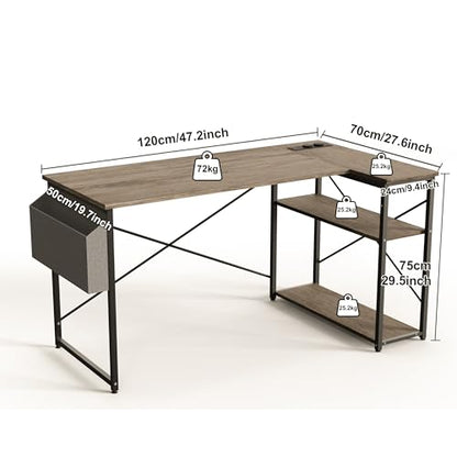 BEXEVUE corner desk with power strip - 120x70 cm. Ergonomic small L-shaped shelves, reversible PC corner desk computer desk, corner gaming table for study work at home bedroom.
