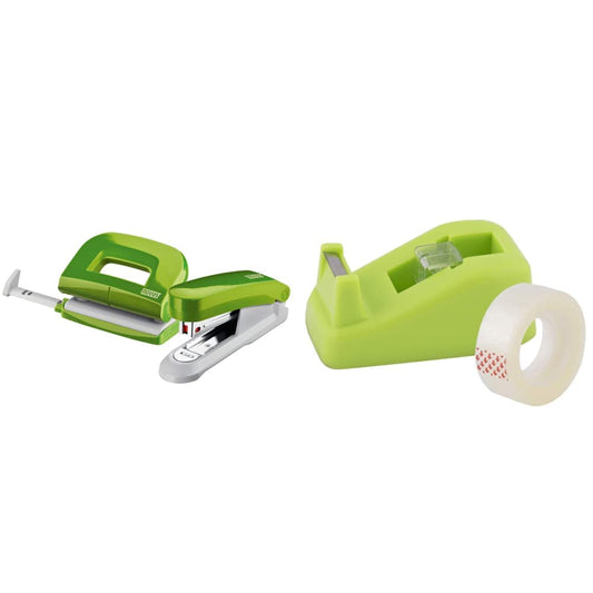 Novus Desk Set (stapler E 15 with punch E 210, incl. 1000 staples No. 10) green & D.RECT Tape Dispenser 8005 tape dispenser Green- up to 19 mm tape length up to 33 m - 19 mm x 33 m