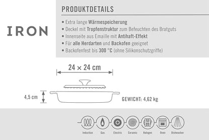 Woll Iron Cast Iron Square Grill Pan with Ridges, including steak press and silicone handles - Induction -, 24 x 24 cm, 4.5 cm high - Suitable for all stove types, oven-safe up to 250°, blue.