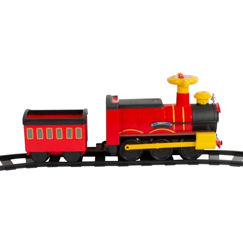 ROLLPLAY Electric Train Steam Train with trailer (children's vehicle to sit on, train emits water vapor, locomotive including track set length 7.3 m, for children) 26311