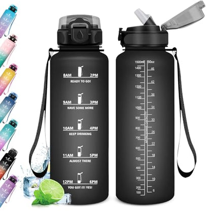 Sports water bottle 1.5L, leak-proof bottle with straw, motivational bottle with time markings, suitable for carbonated drinks, ideal for gym, camping, biking, adult use.