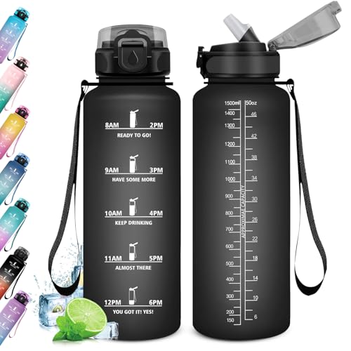 Sports water bottle 1.5L, leak-proof bottle with straw, motivational bottle with time markings, suitable for carbonated drinks, ideal for gym, camping, biking, adult use.