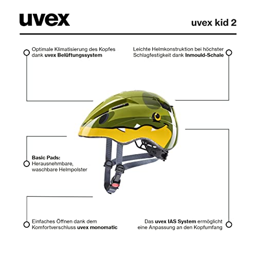 uvex Kid 2 - Lightweight bike helmet for kids - adjustable size - expandable with LED light - Dino design - 46-52 cm