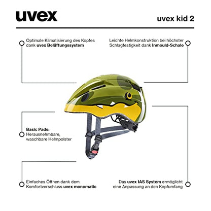 uvex Kid 2 - Lightweight bike helmet for kids - adjustable size - expandable with LED light - Dino design - 46-52 cm