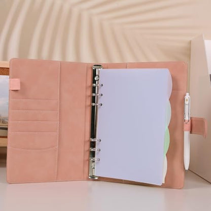 SKYDYE A5 ring binder, refillable A5 ring binder, 135 sheets of A5 refill paper, A5 notebook with binder pockets, A5 binder for school notes and travel diaries (pink)