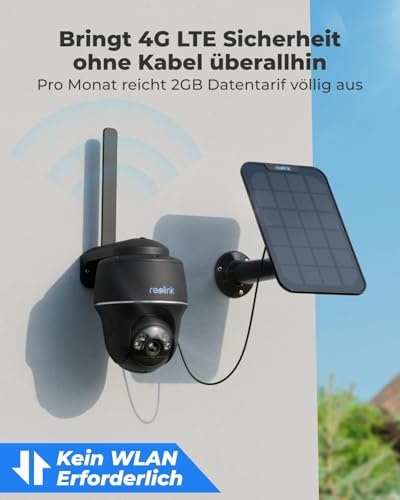 Reolink 3G/4G LTE surveillance camera with SIM card slot, 5MP 355°/140° PTZ solar camera outdoor, color night vision, person/animal detection, alarm filtering, Go PT Plus Black + solar panel + 32GB microSD.