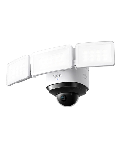 eufy Security Floodlight Cam 2 Pro surveillance camera with spotlight, 360-degree pan and tilt function, 2K Full HD, smart lighting, weatherproof, A.I. technology, free usage.