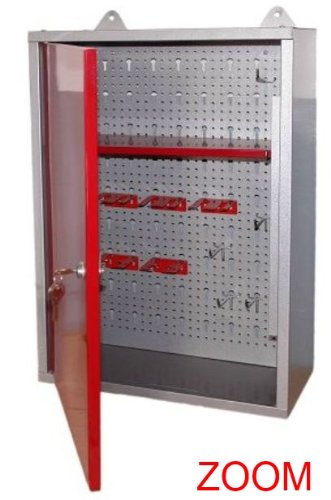 Metal workshop cabinet or key cabinet with lockable door, one shelf, a pegboard, and scratch-resistant surface, dimensions W 40 x H 60 x D 19 cm.