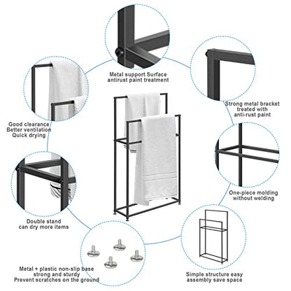 WING freestanding towel rack in metal, standing black bathroom towel holder with 3 towel bars, bath accessory and clothes valet, 65×20×110cm(L×W×H)