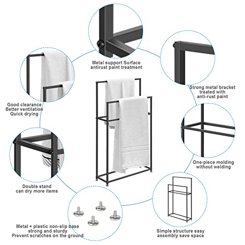WING freestanding towel rack in metal, standing black bathroom towel holder with 3 towel bars, bath accessory and clothes valet, 65×20×110cm(L×W×H)
