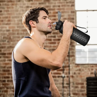 Sports water bottle 1.5L, leak-proof bottle with straw, motivational bottle with time markings, suitable for carbonated drinks, ideal for gym, camping, biking, adult use.