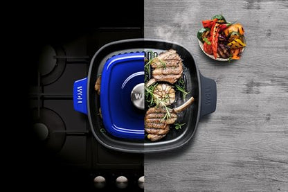 Woll Iron Cast Iron Square Grill Pan with Ridges, including steak press and silicone handles - Induction -, 24 x 24 cm, 4.5 cm high - Suitable for all stove types, oven-safe up to 250°, blue.