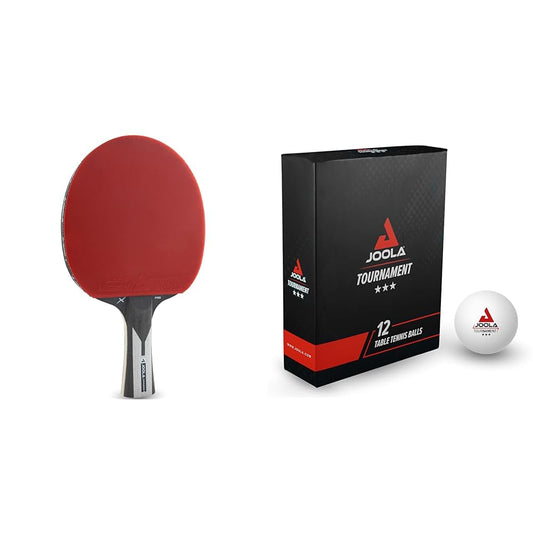 JOOLA 54206 Table Tennis Racket Carbon X Pro ITTF approved professional 7-star, 2 MM, Black/Gray & Table Tennis Balls Tournament 3-Star Selected 40+mm Diameter Premium White, 12 pieces