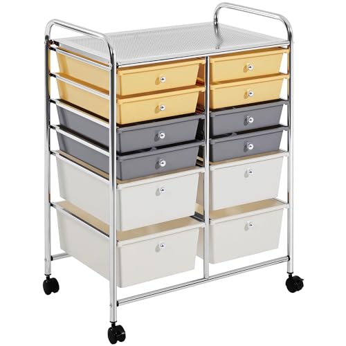 Yaheetech Kitchen Trolley on Wheels, Rolling Kitchen Cart with 12 Stackable Drawers, Utility Cart for Bathroom, Kitchen, Office, Makeup, 63 × 38.5 × 82 cm, Yellow/Gray/Beige.
