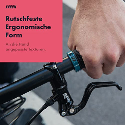 AARON MTB bicycle grips, sporty handlebar grips made of non-slip rubber, Gray Blue Lock-On Gel grips with handlebar end caps for mountain bike, trekking bike, e-bike, crossbike, fixie and more.