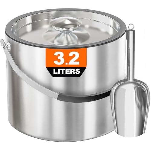3.2L Insulated Ice Bucket with Silicone Lid, Tongs, and Strainer