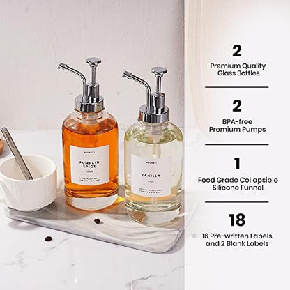 MoliMoli coffee syrup dispenser for coffee bar, coffee pump dispenser, glass syrup bottle with pump, maple/coffee syrup bottles, syrup dispenser 4-piece set, with labels, silver.