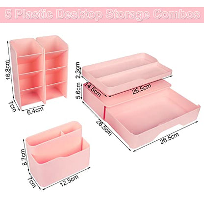 Desk organizer with drawer, 5-piece set, plastic, multifunctional, pen holder for kids, office, home, in pink color.