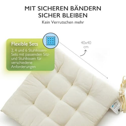 Ethereal seat cushion 40x40 cm for indoor & outdoor use - chair cushion set with ties, seat pads chair cushions 40x40 2-pack - natural