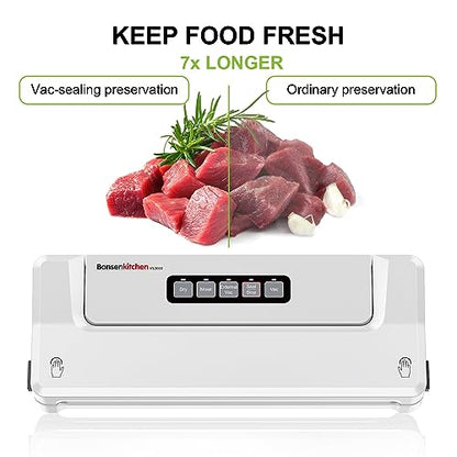Bonsenkitchen vacuum sealer machine, food sealer for Sous Vide cooking. Keeps food fresh up to 8 times longer with dry and moist modes. Includes vacuum bags.