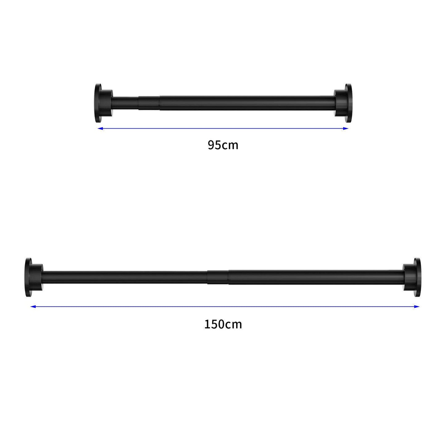 Onpira® telescopic shower curtain rod, adjustable without drilling - available in 5 lengths (40-240cm) & 3 colors - stainless steel telescopic rod for bathroom & shower, White or Black (95-150cm, Black)