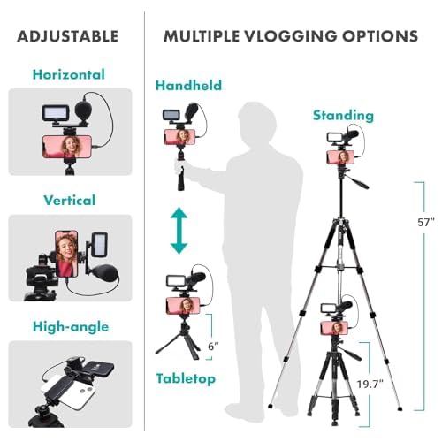 Movo uVlogger Android/USB-C/iPhone 15 compatible Vlogging Kit with full-size tripod - YouTube starter kit for content creators - Accessories: tripods, phone holder, light, shotgun microphone