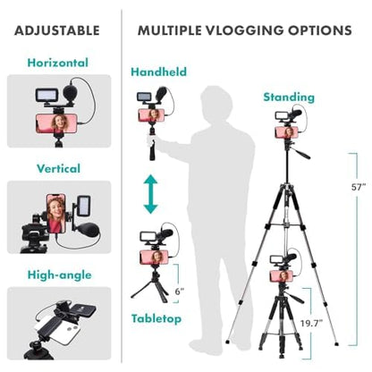 Movo uVlogger Android/USB-C/iPhone 15 compatible Vlogging Kit with full-size tripod - YouTube starter kit for content creators - Accessories: tripods, phone holder, light, shotgun microphone