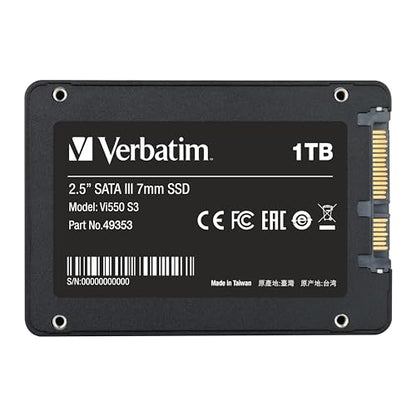 Verbatim Vi550 S3 SSD 1TB, internal 2.5" SATA III SSD drive with 3D NAND technology, up to 550 MB/s read speed, perfect for PC and notebook, black