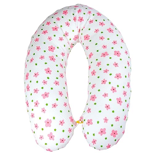 be Design XXL nursing pillow ergonomic 190x30, pregnancy pillow side sleeper pillow comfort pillow for adults and baby, muslin cover (muslin pink flowers)