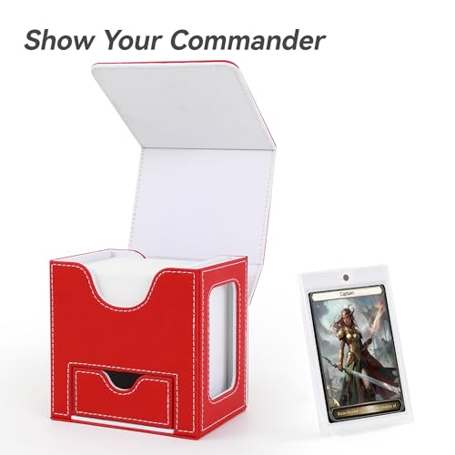 Mage Tech Card Deck Box for MTG Commander - Patented design, Commander display, fits 100 double-sleeved cards, 35pt card brick & dice tray - Red/White.
