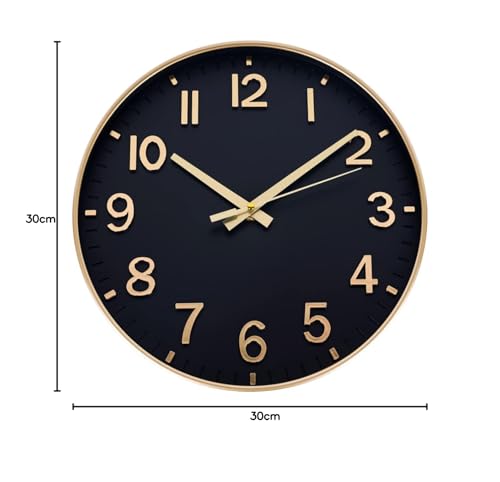 HZDHCLH Funk Wall Clock 30 cm Silent Wall Clock Without Ticking, Modern Battery Operated Clock for Home, Kitchen, Living Room, Office, Wall Decoration (Black Gold)