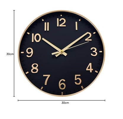 HZDHCLH Funk Wall Clock 30 cm Silent Wall Clock Without Ticking, Modern Battery Operated Clock for Home, Kitchen, Living Room, Office, Wall Decoration (Black Gold)