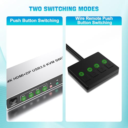 USB 3.0 Displayport+HDMI KVM switch for 4 PCs and 2 monitors at 4K@60Hz. Dual monitor KVM switches with 3 USB devices, allowing 4 computers to share 2 monitors with 1 set of mouse, keyboard, U-disk, and printer.