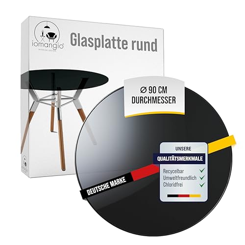 iomangio® Glass Table Top Round Ø 90 cm | Black tabletop made of tempered ESG safety glass | 8 mm thick - Perfect for DIY projects, glass tables, and as a fireplace glass plate