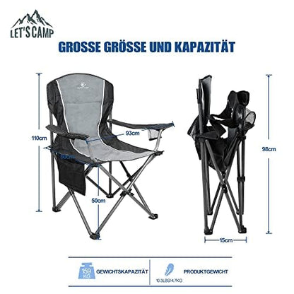 LET'S CAMP Camping Chair Folding Chair Portable Fishing Chair with Drink Holders Storage Pockets Carry Bag Steel Frame up to 160kg for Camping Travel