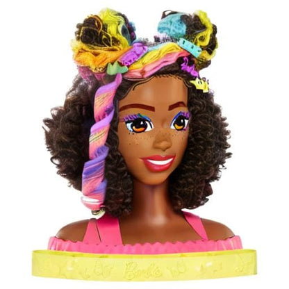 Barbie HMD79 - Barbie Deluxe Styling Head, Barbie Totally Hair, curly brown neon rainbow hair, doll head for hair styling, Color Reveal accessories, for ages 3+.