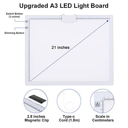 A3 Light Box, LED Light Pad 3000-6500K Dimmable, 2500mAh Rechargeable Lightboard for Diamond Painting, Drawing, Painting, Animation, Sketching, with Stand